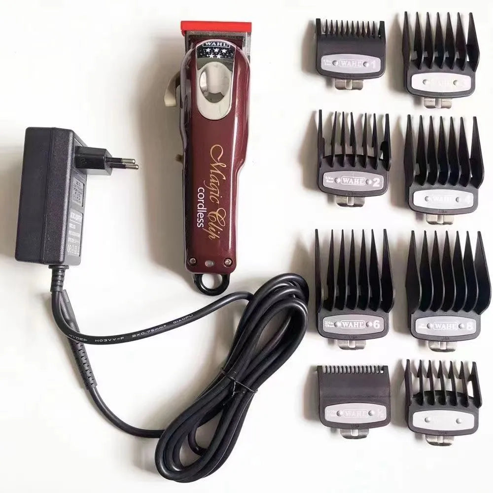 Charging hair clippers with stainless steel cutter head showing EU UK US plug options