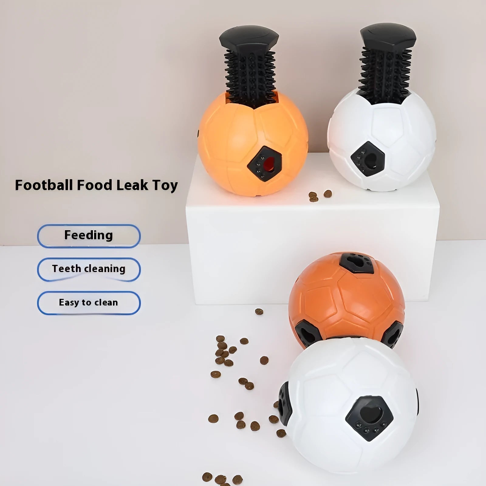Orange and white TPR rubber dog ball toy shown in hollow and teeth cleaning rod designs.
