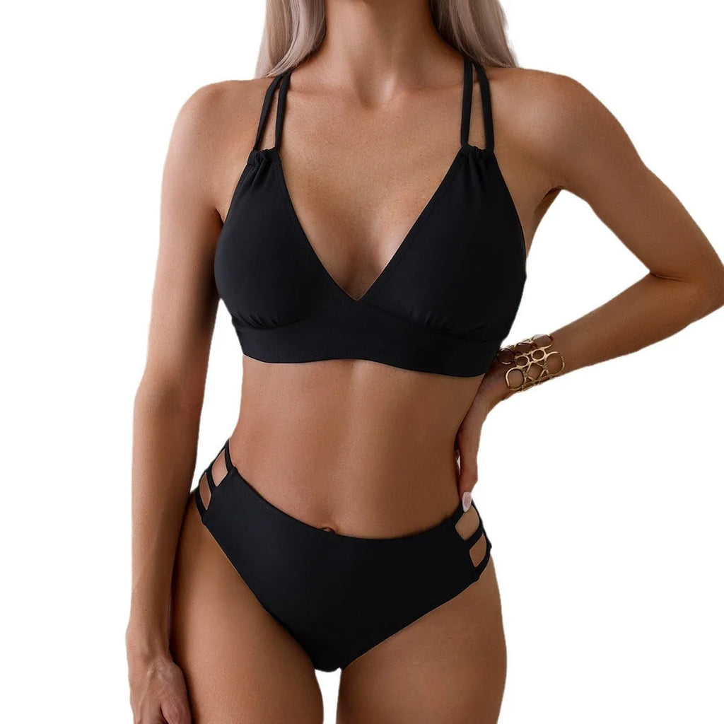 Ladies V-neck halter bikini swimsuit with split sides design in nylon fabric