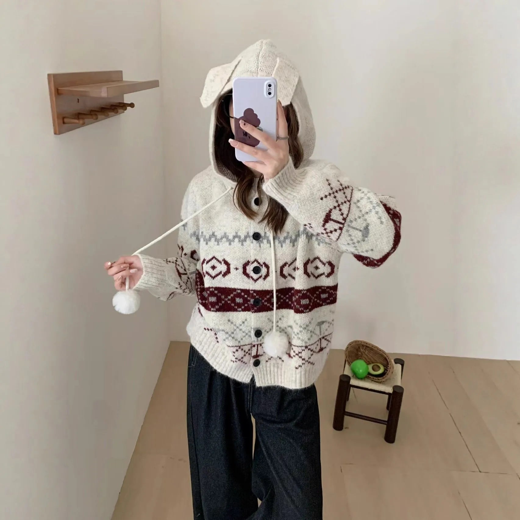 Women's plus size brocade knit sweater coat with geometric pattern in milky white and grey colour options
