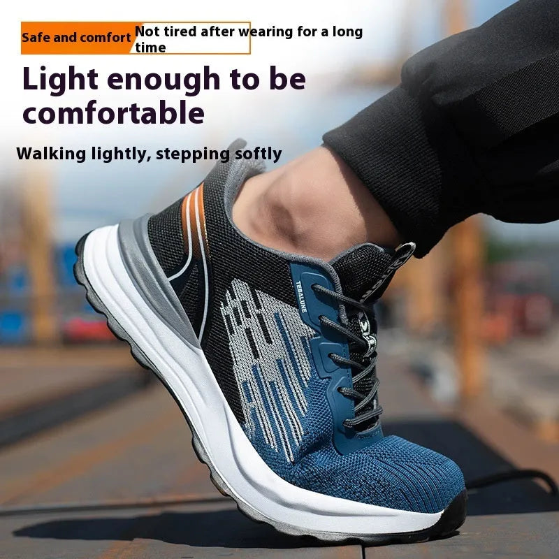 Blue men's safety work shoes with mesh upper and plastic toe cap on non-slip sole
