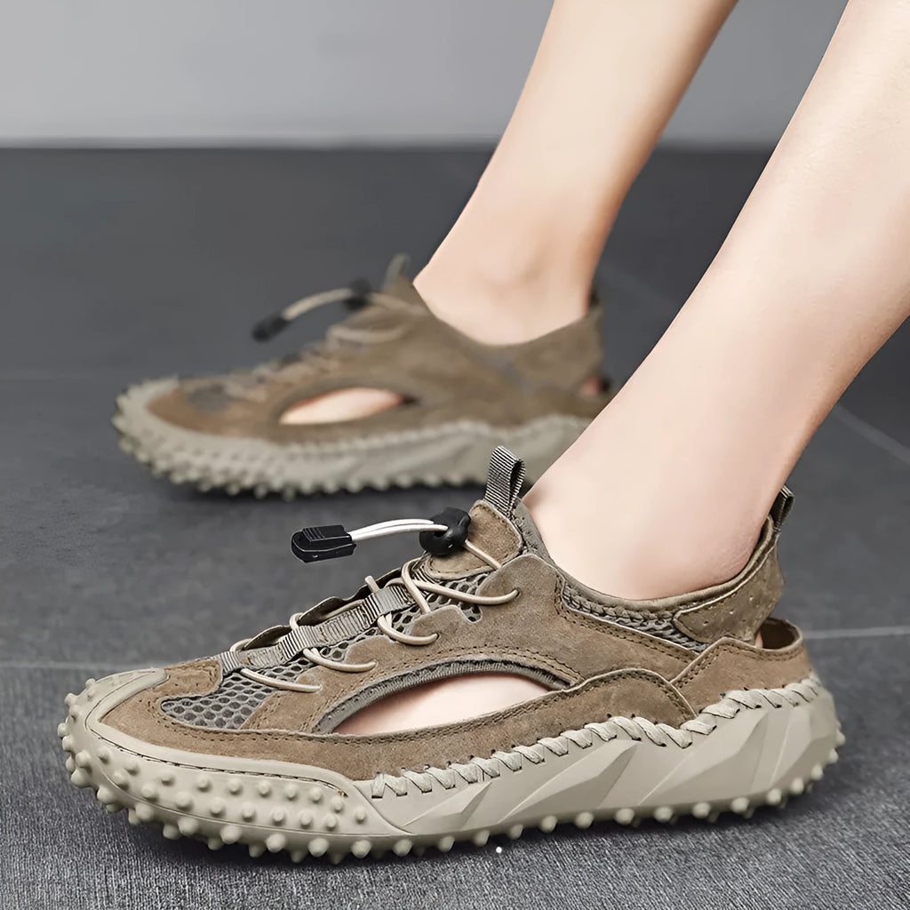 Men's waterproof outdoor sandals with leather mesh uppers, elastic band closure, and non-slip rubber soles