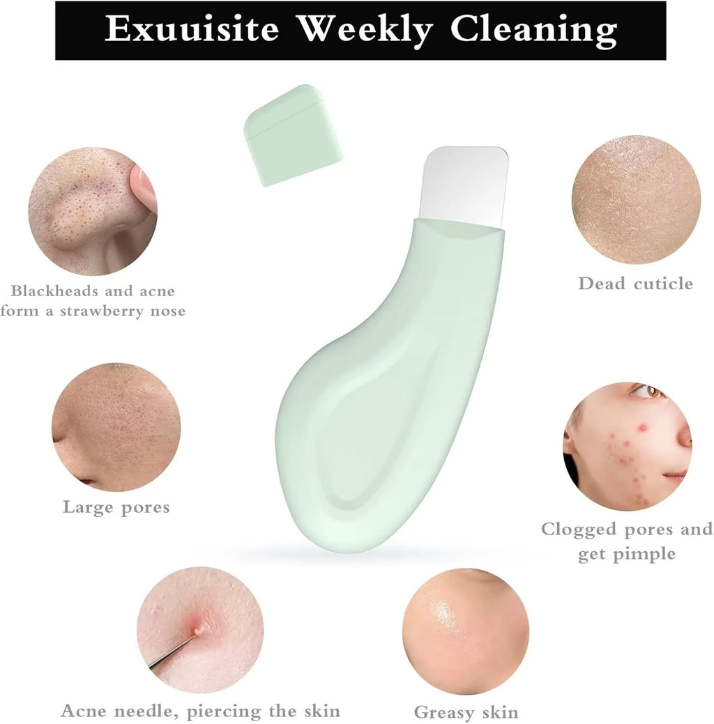 Green stainless steel facial pore scraper tool with a silicone handle for blackhead removal.