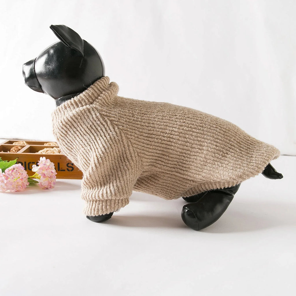 Brown knitted sweater pullover on a small dog, available in sizes XS to XL