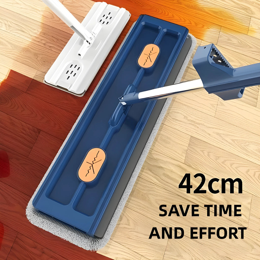 Large flat mop with rotating blue head on stainless steel handle next to white and blue cloths