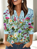 Women's loose-fit casual V-neck top with a 3D pattern print in various colour options.