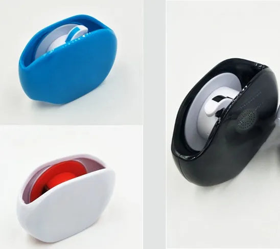 Automatic earphone cable winder retractor in various colours on a white background.