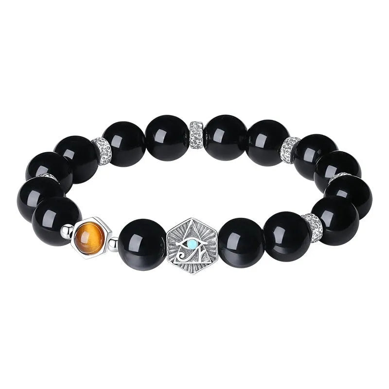 Men's retro bracelet with S925 sterling silver band and 8mm God's Eye obsidian geometry inlay.