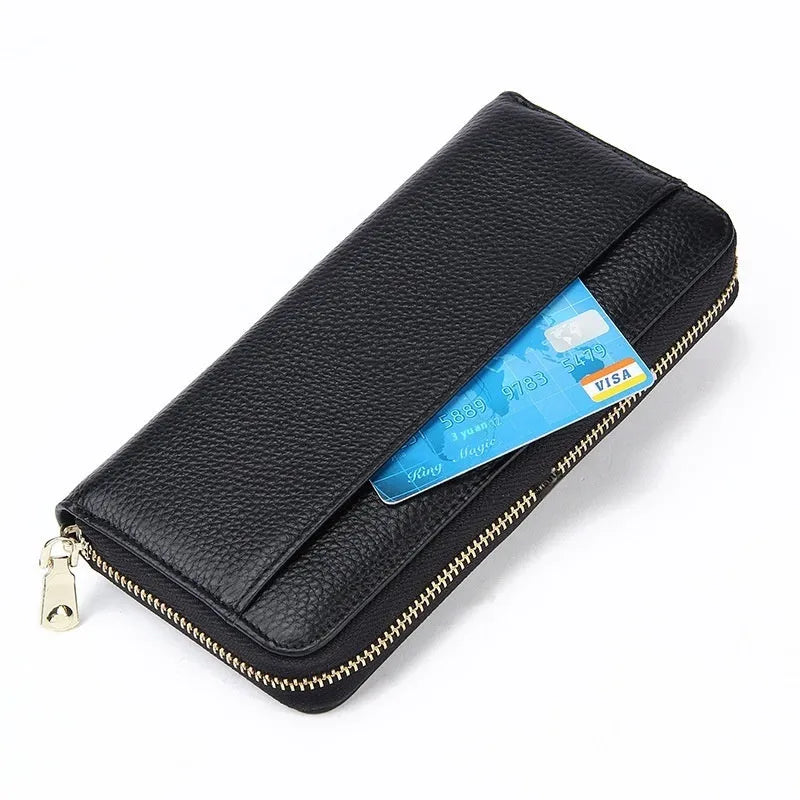 Genuine leather long wallet for women in six colour options showing bifold design and card compartments