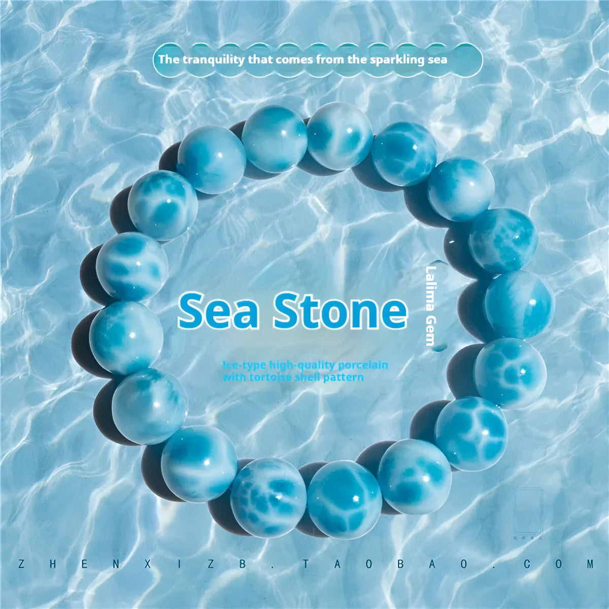 Blue bodhi bracelet with sea-pattern crystal stone and pearl accents in Maillard style.