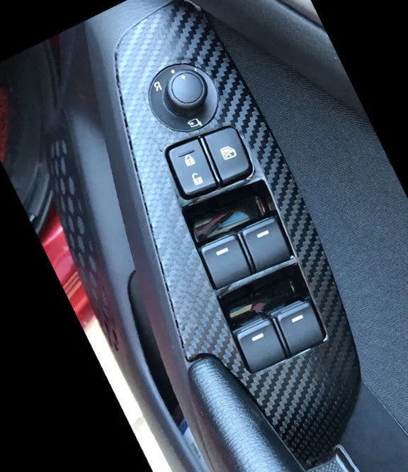Four TPU protective films for a 14-19 car door control panel, showing transparent and black finish options.