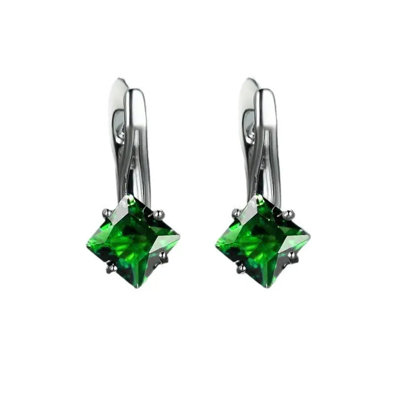 Women's copper earrings with diamond design featuring zircon inlaid stones in blue, colour, and green options