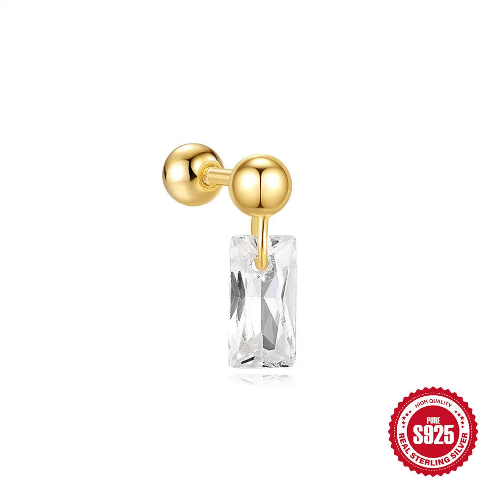 Close-up of a golden floral stud earring with a square gravel texture, made from S925 sterling silver.