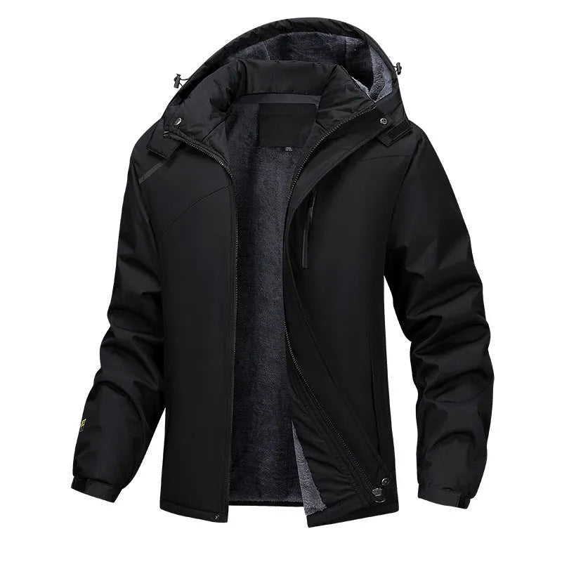Men's plus size waterproof hooded coat in army green shown on a model, featuring a loose fit and a front zip.