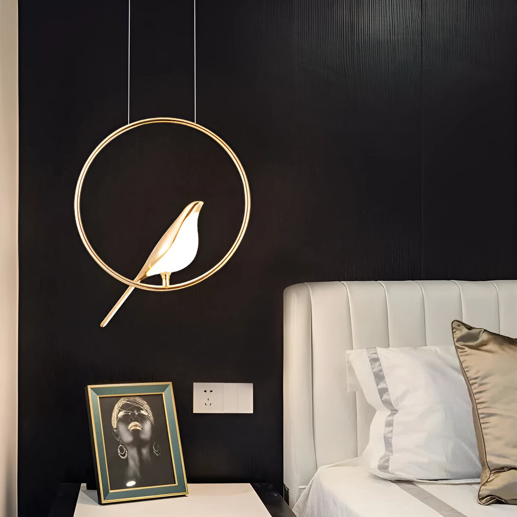 Minimalist magpie bird chandelier made from zinc alloy and acrylic with neutral LED lighting
