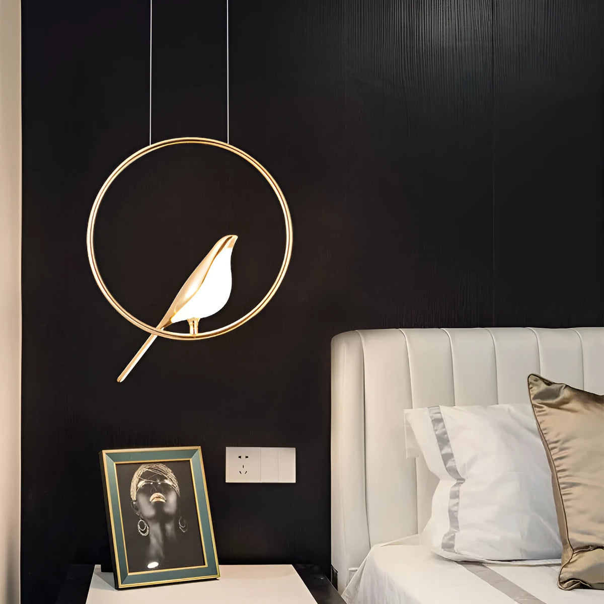 Minimalist magpie bird chandelier made from zinc alloy and acrylic with neutral LED lighting