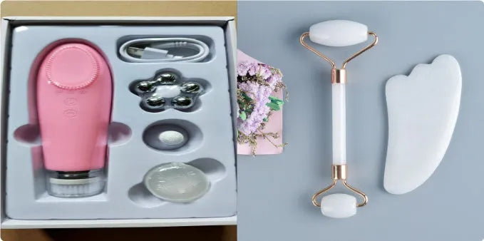 White jade facial roller set with double-headed roller and scraping board for massage
