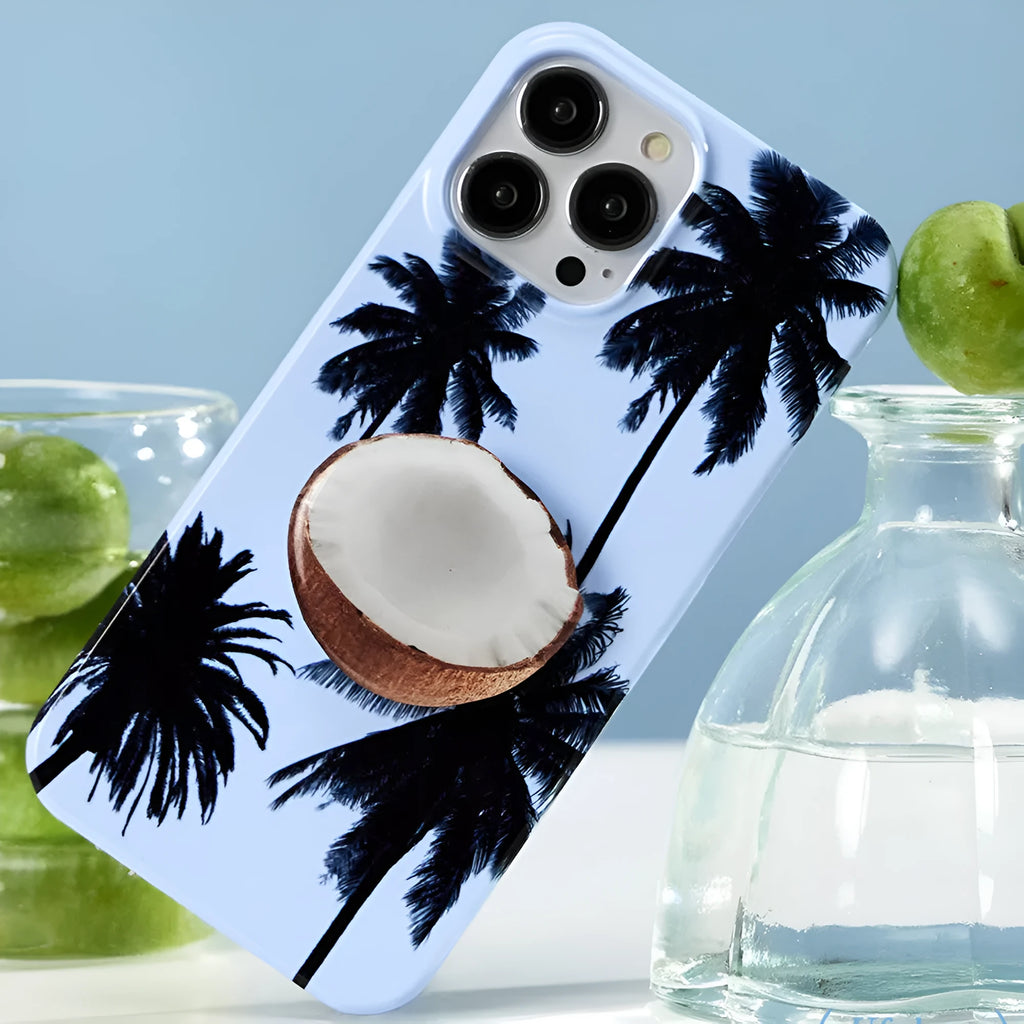 iPhone protective case with a summer coconut design pattern, showing front and back views.