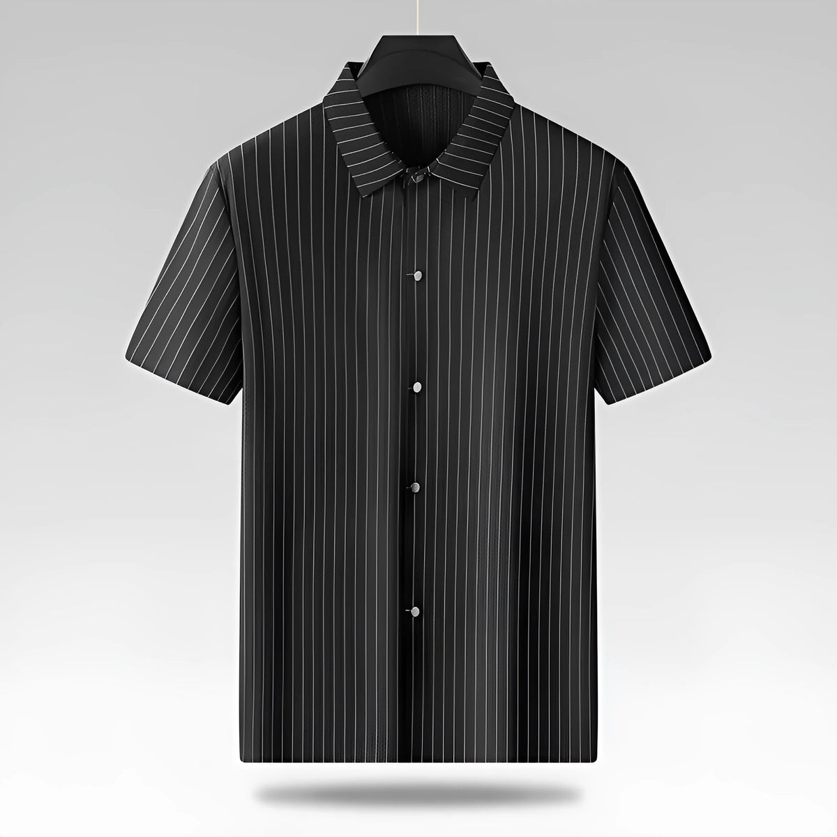 Man wearing a black plus-size striped square collar casual shirt with short sleeves.