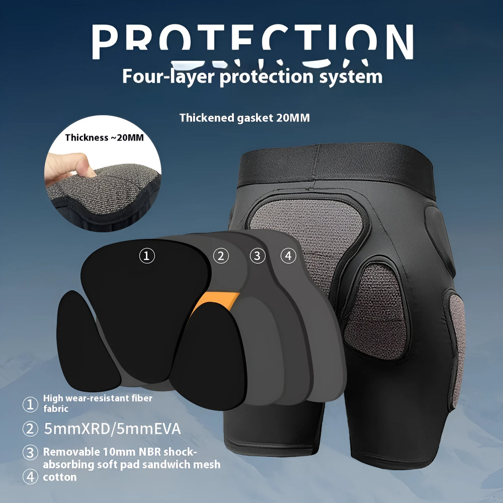X-ray diffraction ski protective gear showing hip pad and knee pad styles for anti-fall sports safety.
