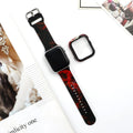 Printed silicone replacement strap for Apple iWatch showing multiple design options and size variants