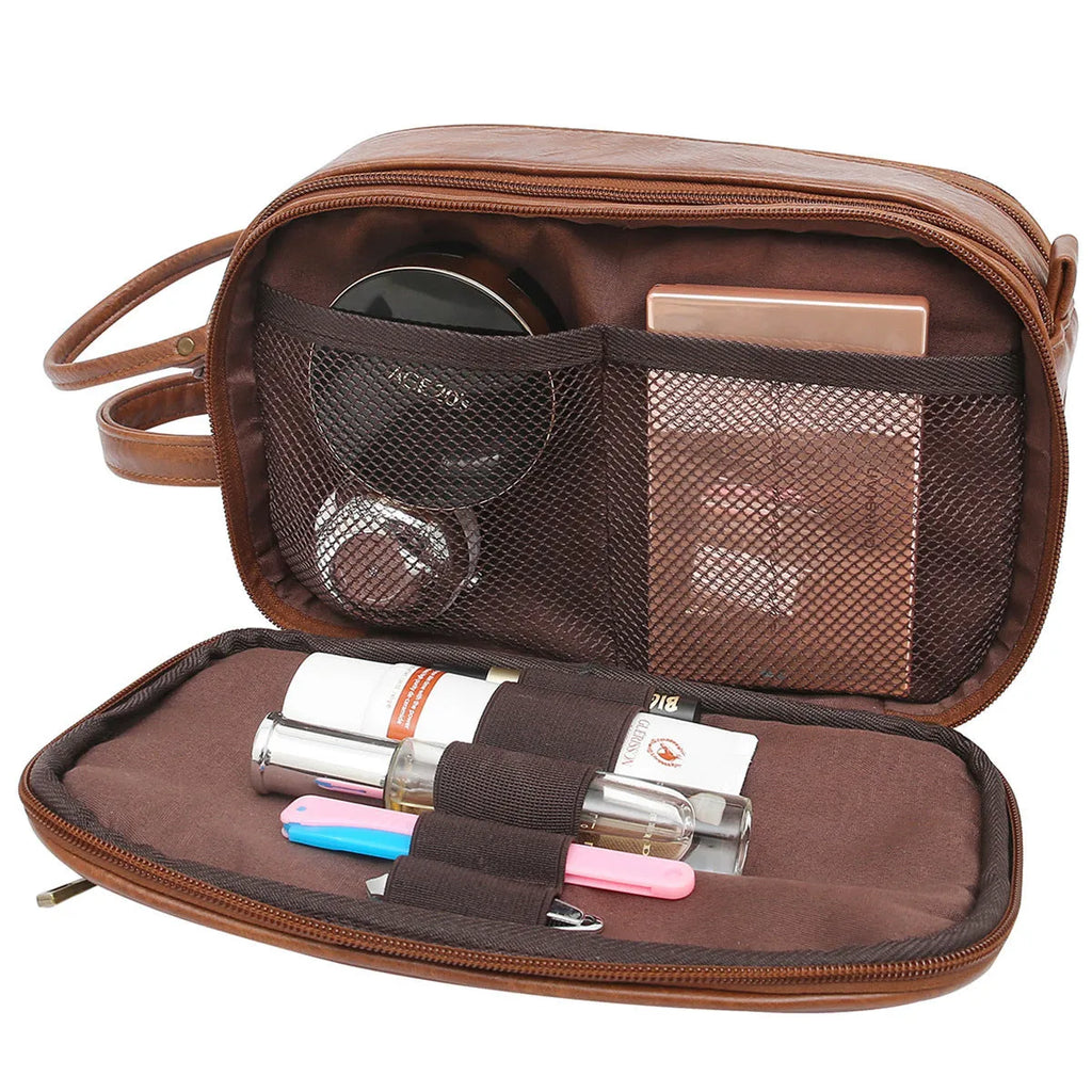 Men's black PU leather toiletry bag with solid colour design for travel grooming storage