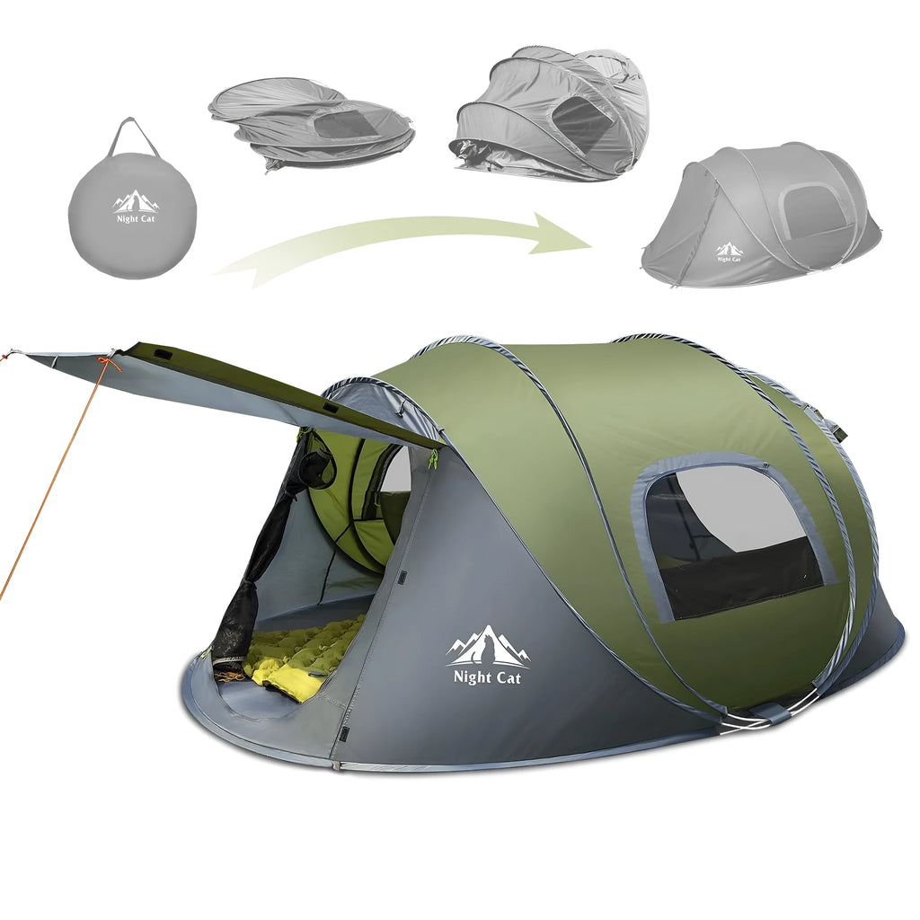 Dark green automatic instant setup two-person camping tent with waterproof rainfly