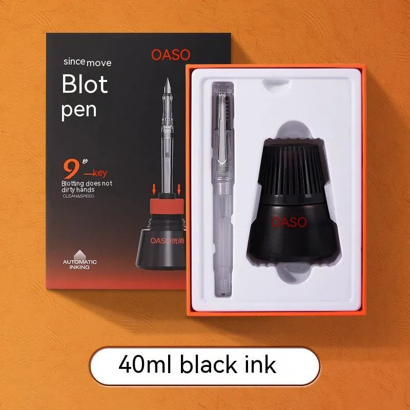 Automatic suction fountain pen set with 0.38mm or 0.5mm nib choice, 40ml ink bottle, and protective handbag