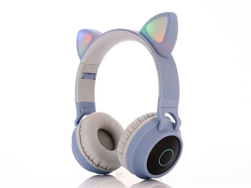 Pink cartoon cat ear wireless Bluetooth gaming headset displayed on a white background.