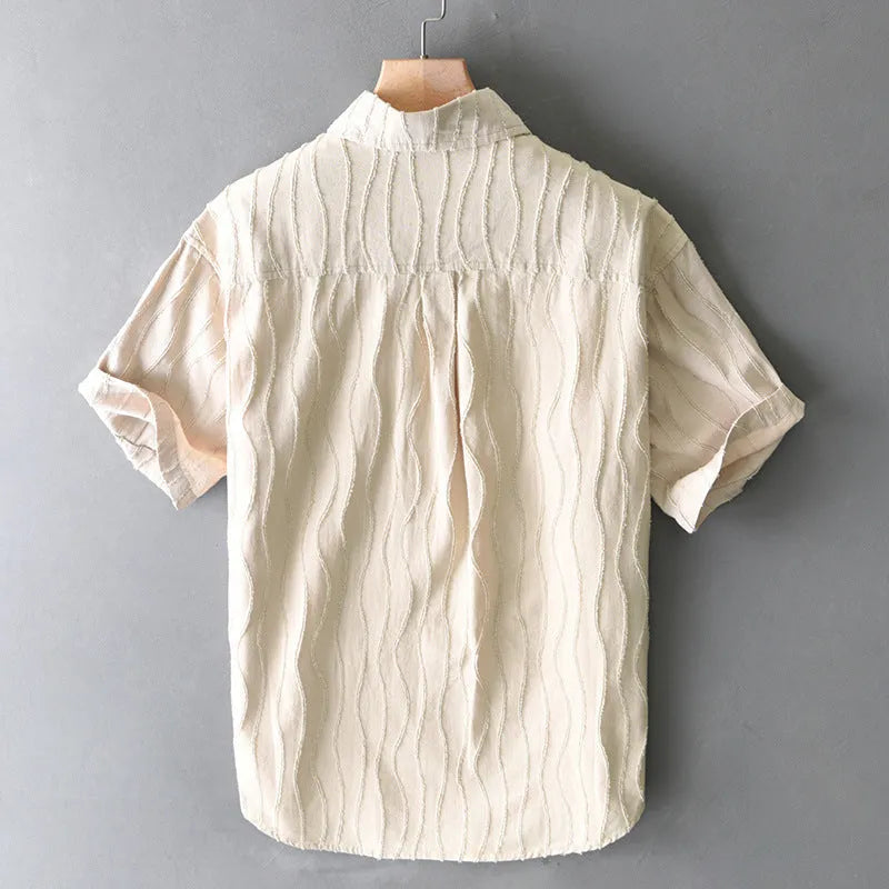 Men's apricot pure cotton casual shirt with short sleeves and loose Japanese style