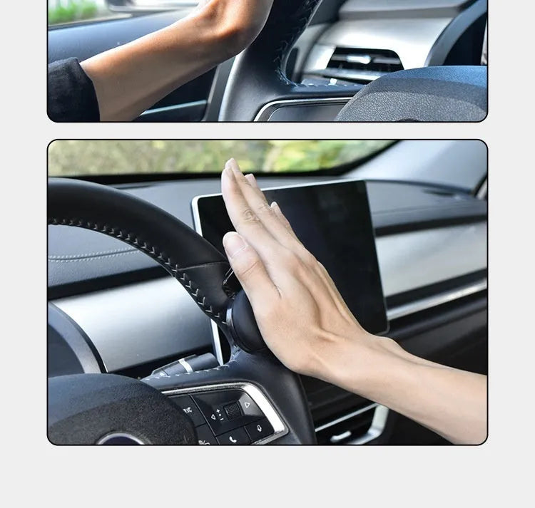 Black steering wheel assist ball with silicone grip and metal bearing mechanism for one-handed vehicle control