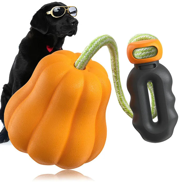 Orange plastic pumpkin dog toy with a bite molar texture and a rope attached for throwing.