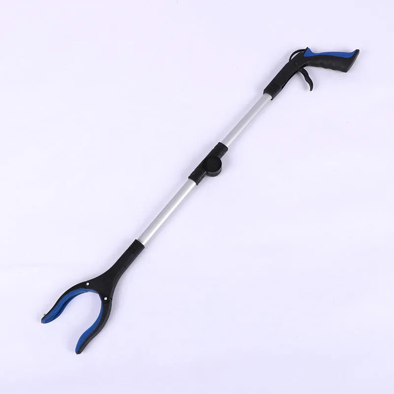 Foldable aluminium garbage pick-up clamp with magnetic end, shown extended and with blue handle.