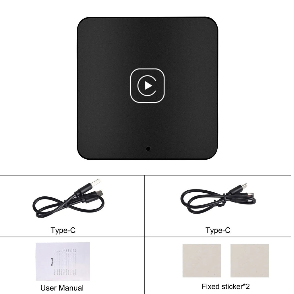 Black metal wireless CarPlay converter module with cables for car head unit installation