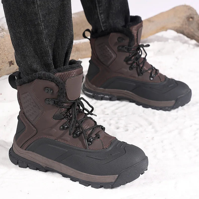 Men's black and khaki high-top boots with fleece lining and lace-up front.
