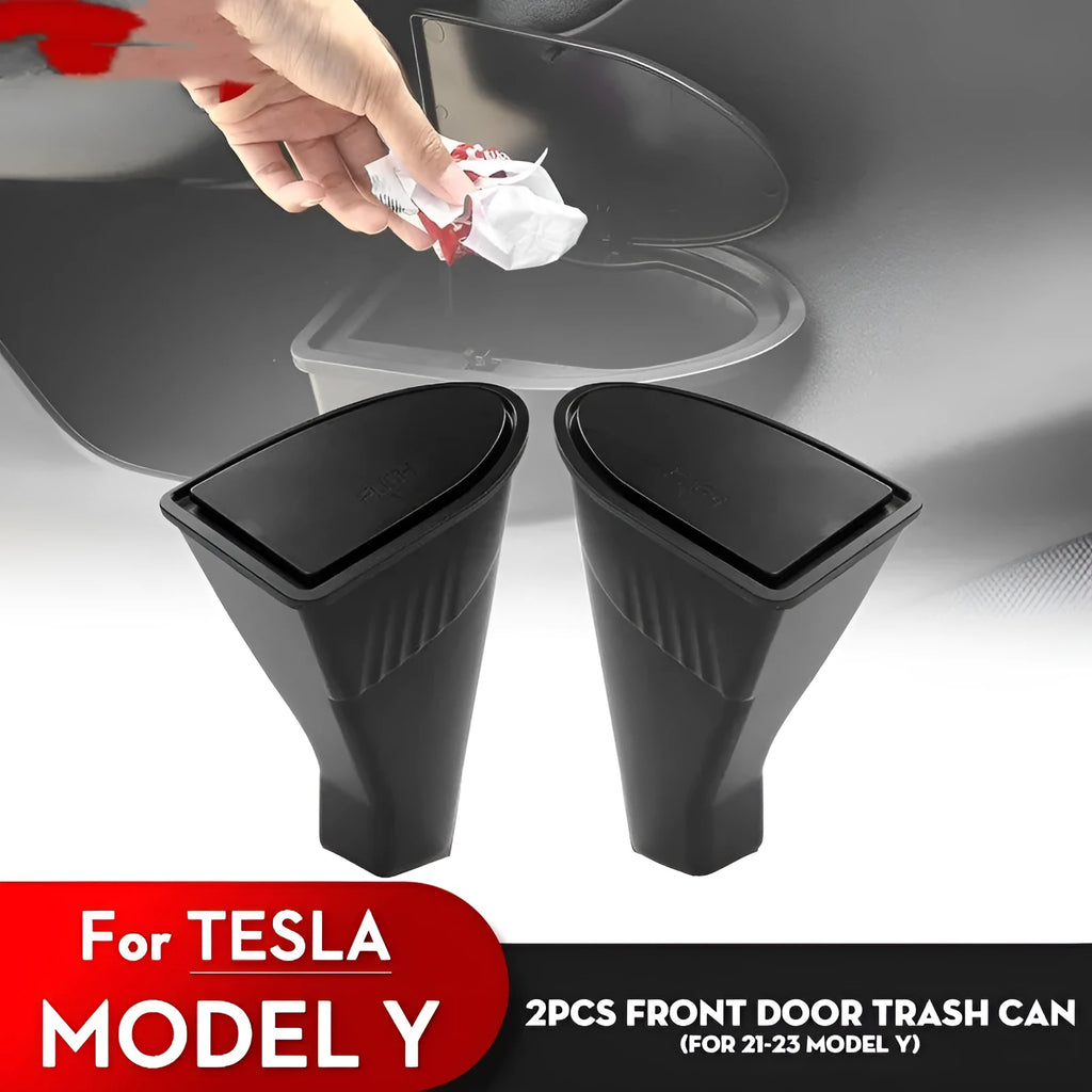 Two black waterproof ABS trash cans for Tesla Model Y front door pockets