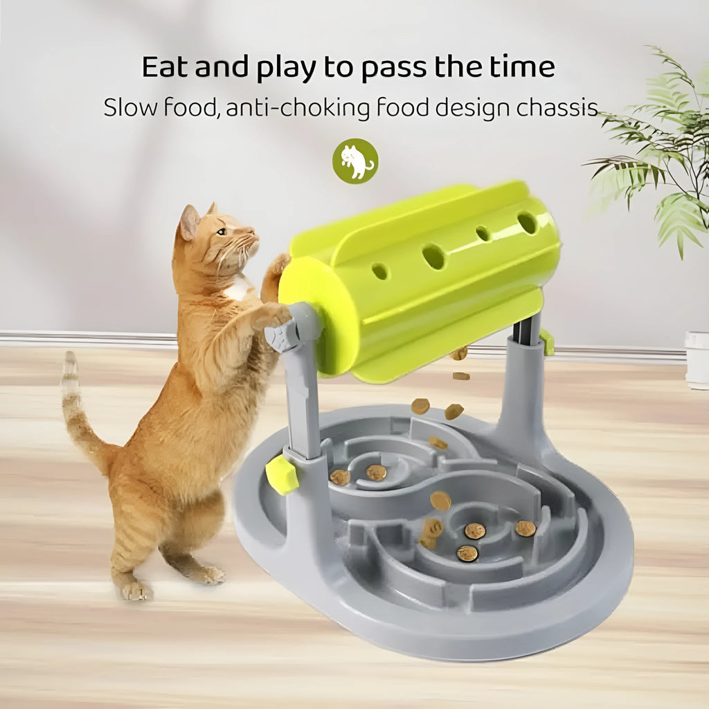 Interactive pet food puzzle toy with adjustable height in blue, green, and pink colours