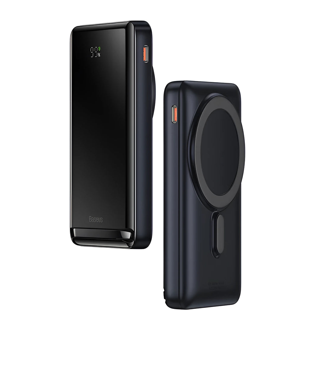 Slim magnetic wireless power bank in blue colour showing compact dimensions and charging cable