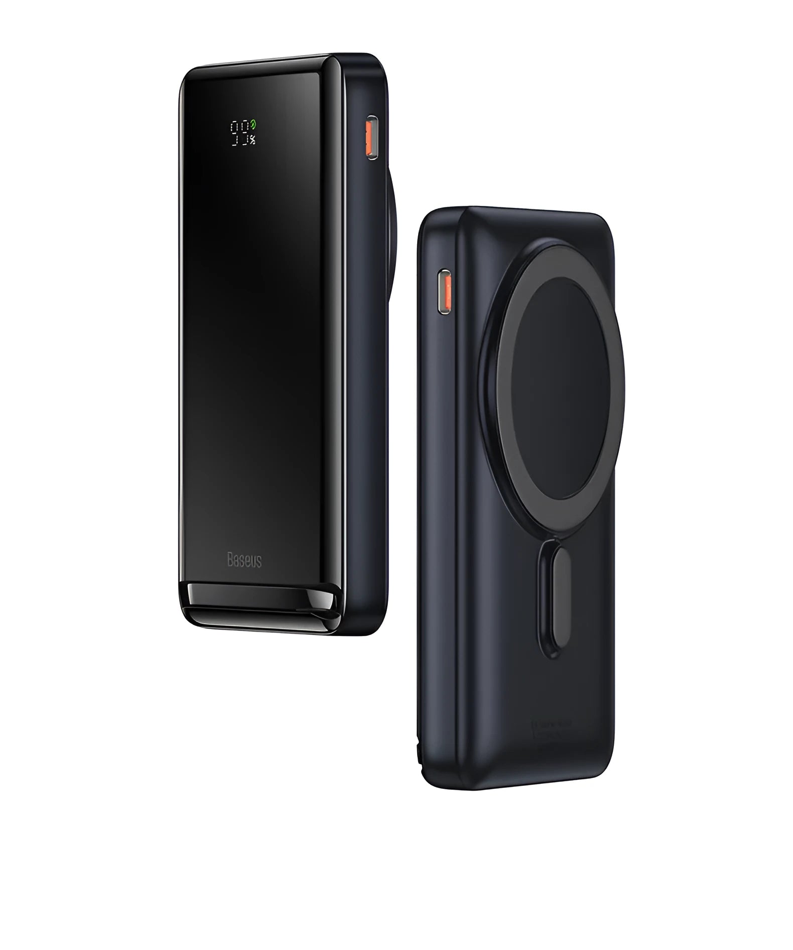 Slim magnetic wireless power bank in blue colour showing compact dimensions and charging cable