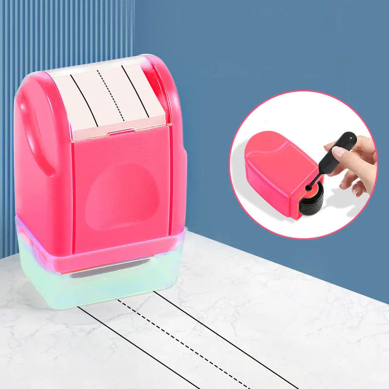 Simplified Roller English Line Seal plastic stamp in multiple colours on a surface.