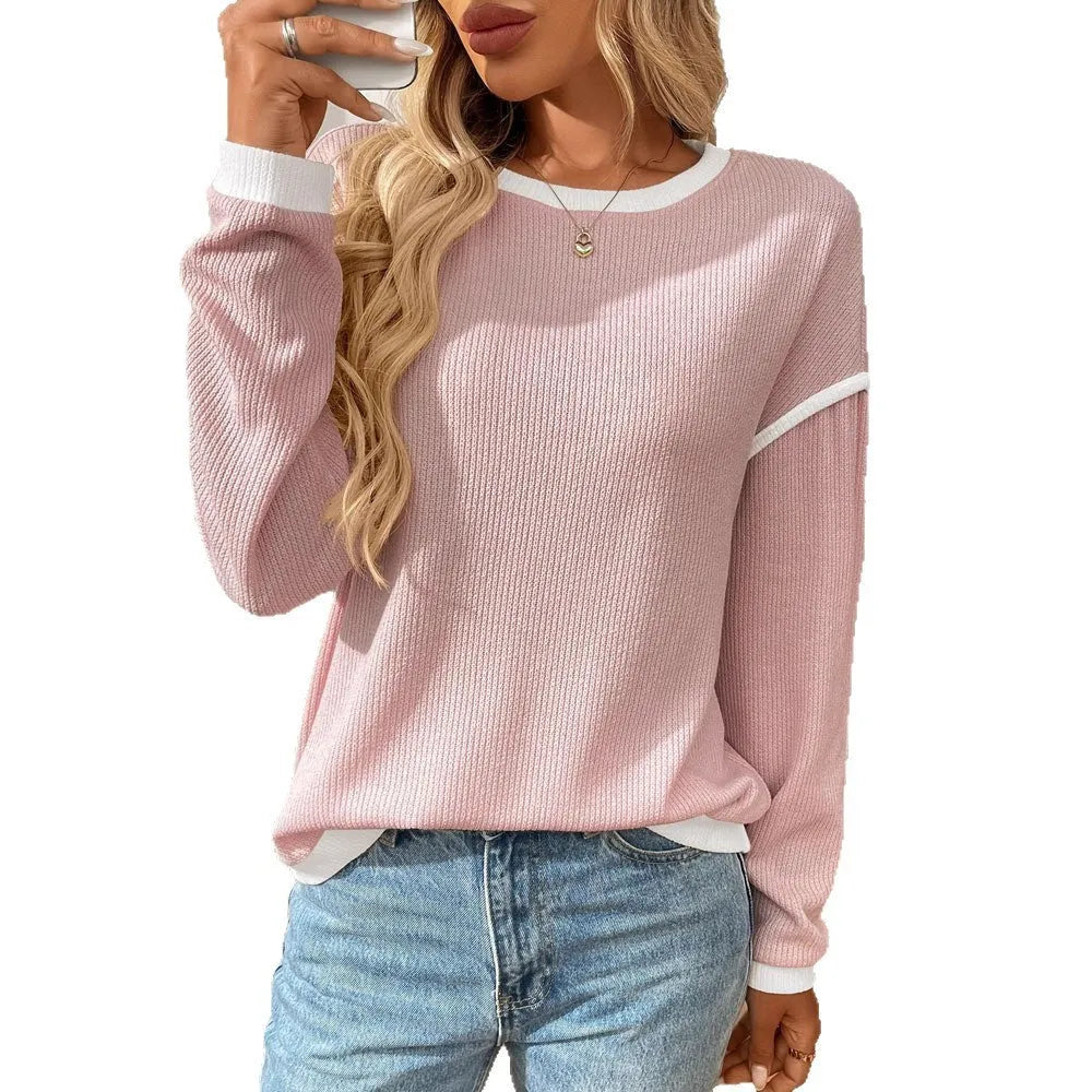 Women's loose-fit round neck long sleeve polyester pullover top in light blue