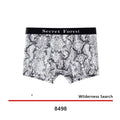 Men's loose-fit polyester boxer shorts in black, shown laid flat to display the thin fabric and mid-waist design.