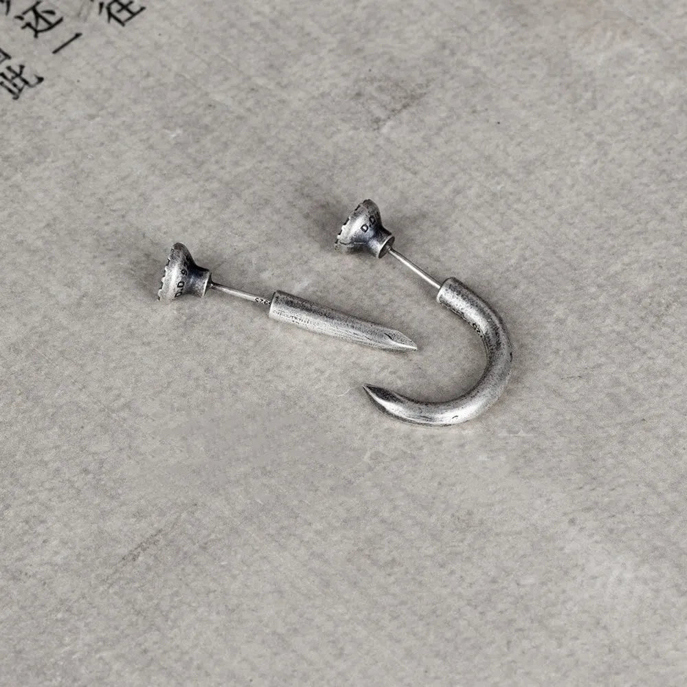 S925 sterling silver nail stud earring available in straight and curved retro punk styles for unisex wear
