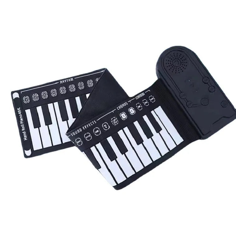 49 key portable folding electronic keyboard in gloss black colour showing compact folded size and included accessories