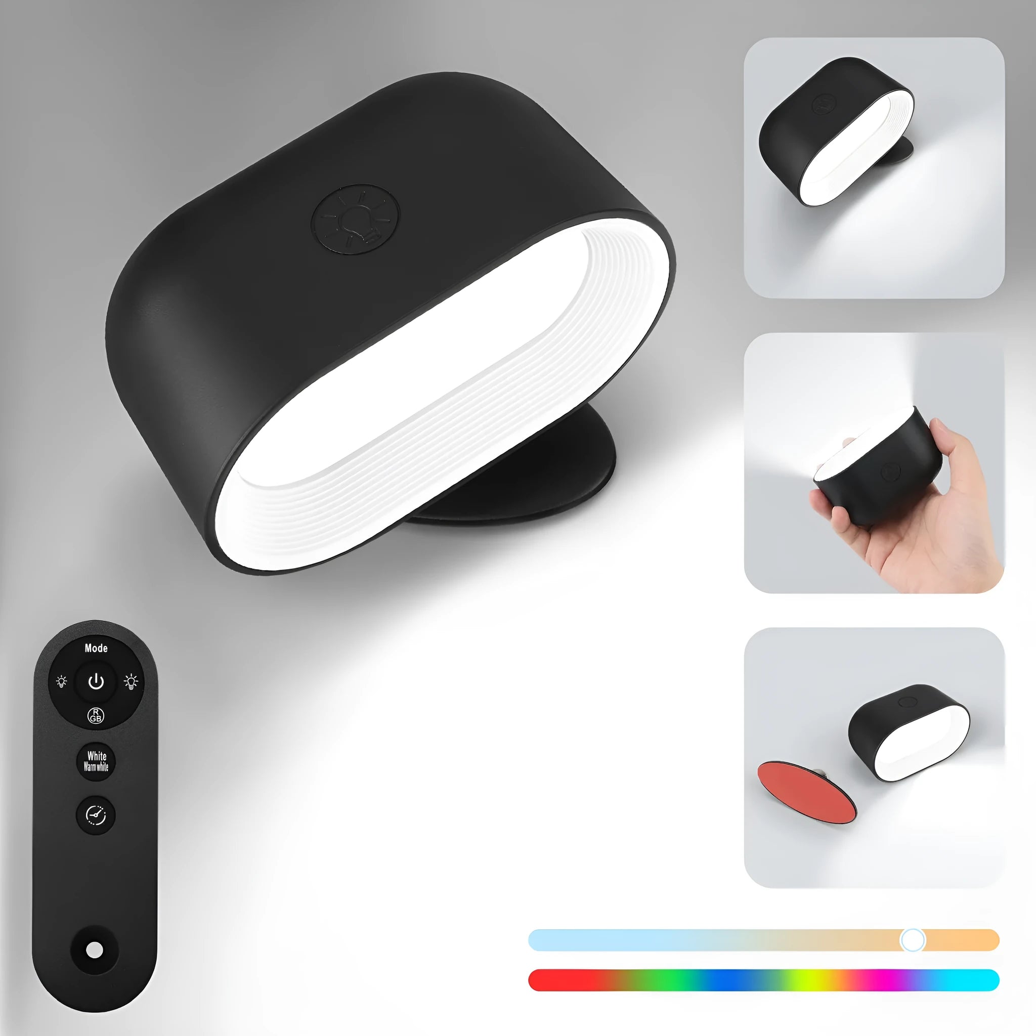 Remote-controlled circular magnetic wall lamp with white plastic shell and colour-changing LEDs