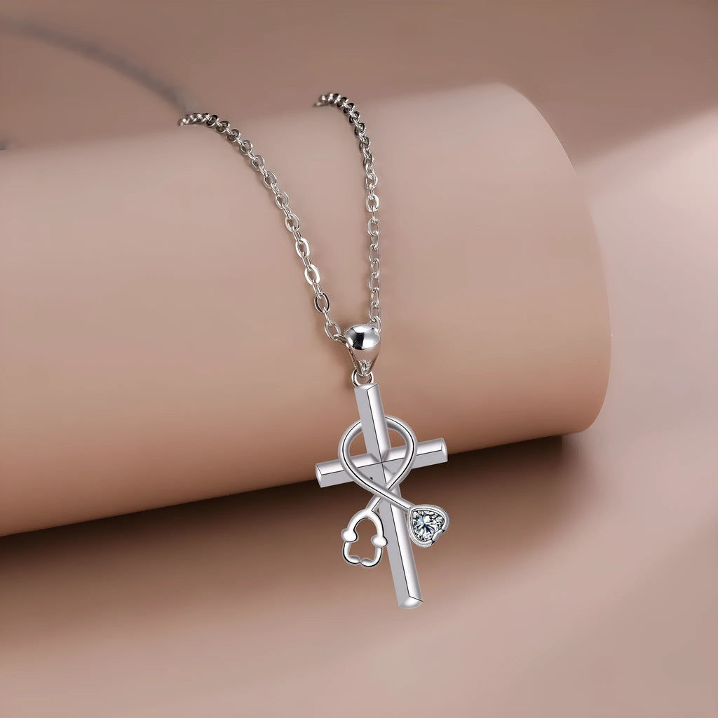Copper cross stethoscope necklace with original design pendant on cross chain for women