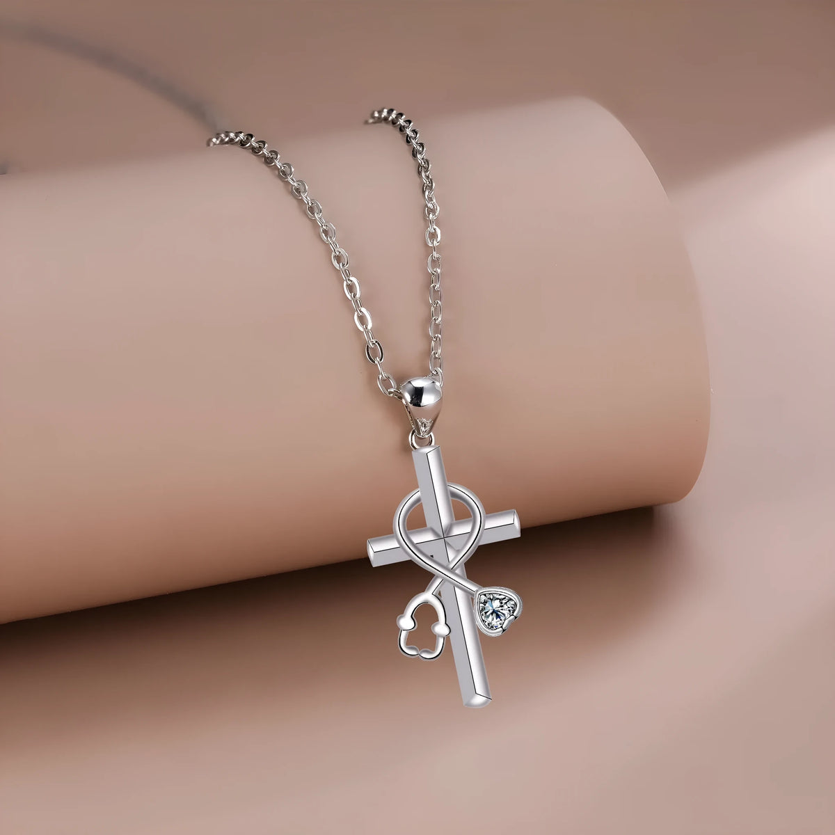 Copper cross stethoscope necklace with original design pendant on cross chain for women