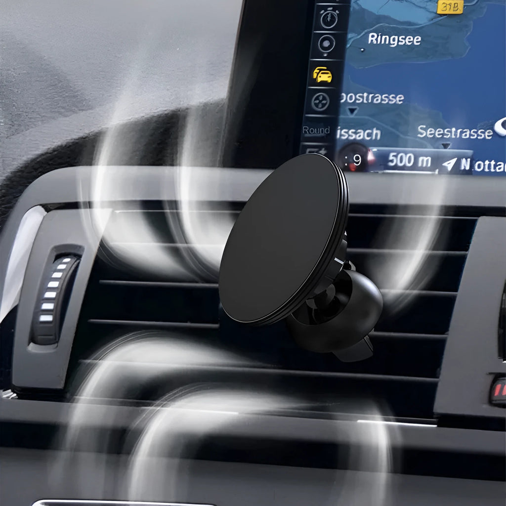 Black aluminium magnetic car phone holder mounted on vehicle dashboard