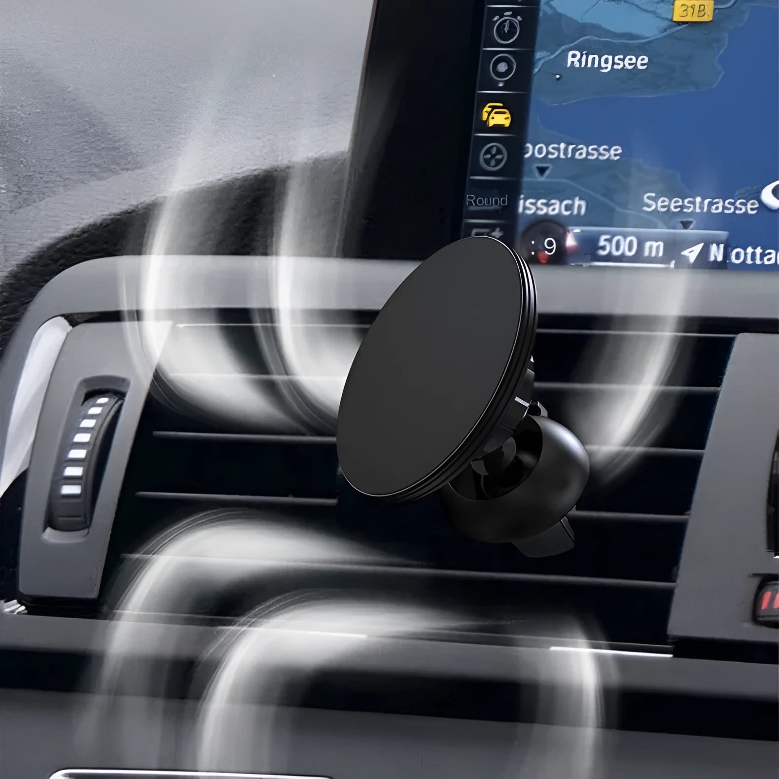 Black aluminium magnetic car phone holder mounted on vehicle dashboard