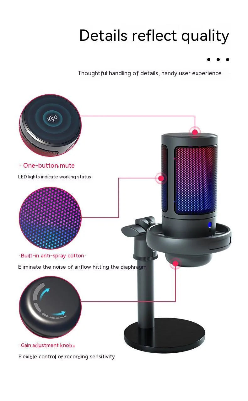 Condenser microphone with RGB lighting in black, white, or pink colour for live streaming on PC.